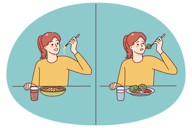Girl eating healthy and unhealthy food  Illustration