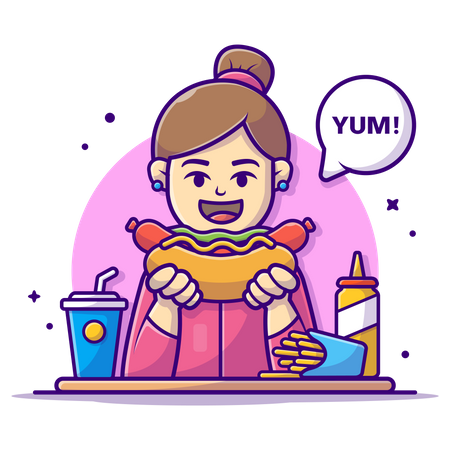 Girl eating hot dog Illustration