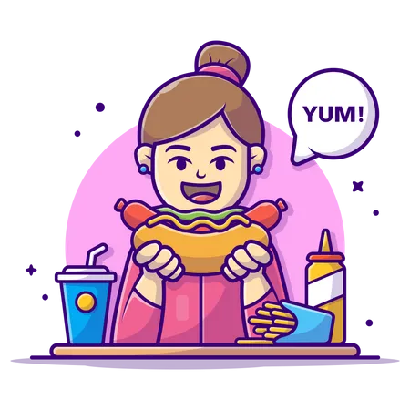 Girl eating hot dog Illustration