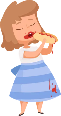 Girl eating hot dog and spiling ketchup on clothes  Illustration