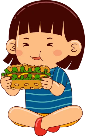 Girl Kids Eating Hotdog Illustration