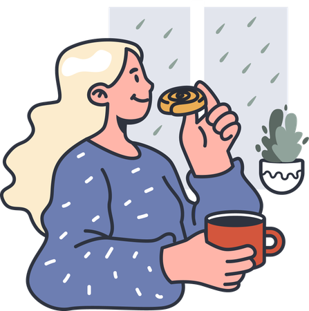 Girl eating hygge food with coffee  イラスト