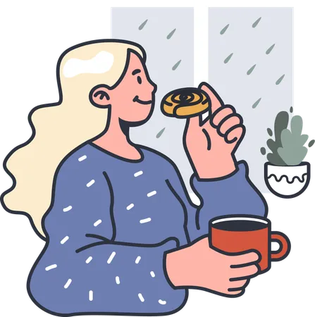 Girl eating hygge food with coffee  イラスト