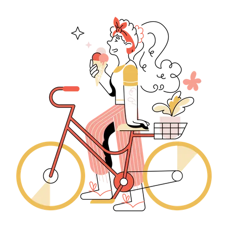 Girl eating ice cream while riding cycle Illustration
