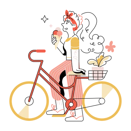 Girl eating ice cream while riding cycle  Illustration