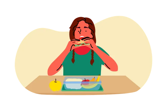 Girl eating lunch from lunchbox  Illustration