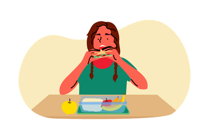 Girl eating lunch from lunchbox  Illustration