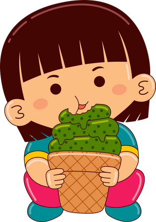 Girl eating matcha ice cream  일러스트레이션