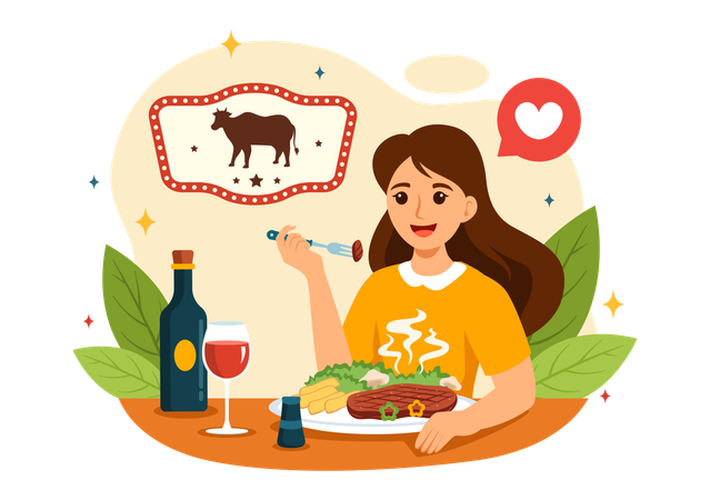 Girl eating meat  Illustration