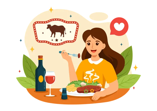 Girl eating meat  Illustration