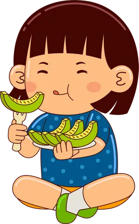 Girl Kids Eating Melon Illustration