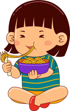 Girl Kids Eating Noodle Illustration