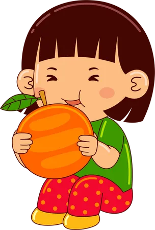 Girl Kids Eating Orange Illustration