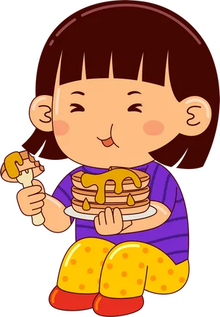 Girl Kids Eating Pancake Illustration