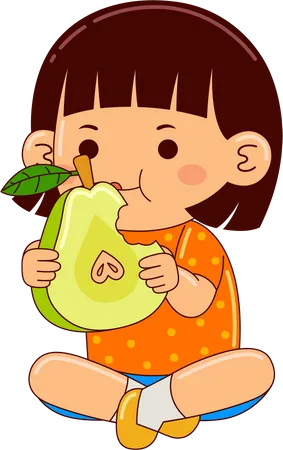 Girl Kids Eating Pear Illustration