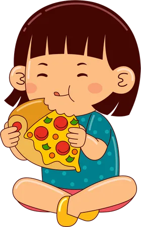 Girl Kids Eating Pizza Illustration