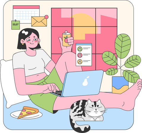 Girl eating pizza while doing online work  Illustration