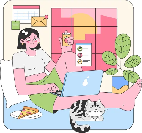 Girl eating pizza while doing online work  Illustration