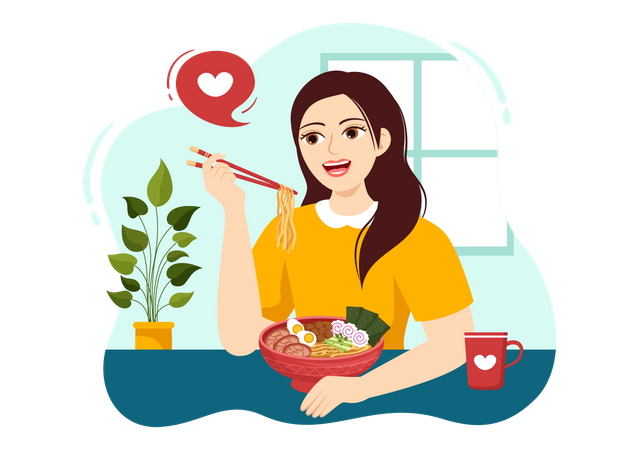 Girl Eating Ramen  Illustration