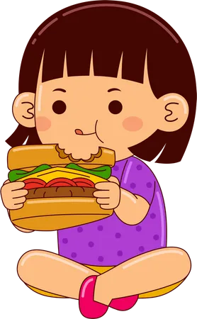 Girl Kids Eating Sandwich Illustration