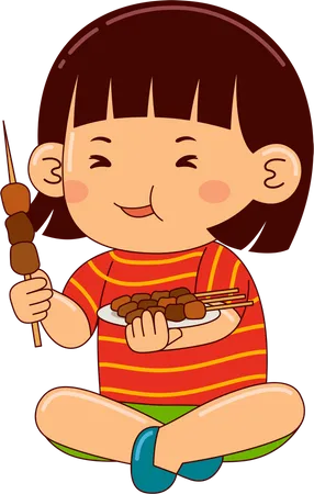 Girl Eating Satay  Illustration