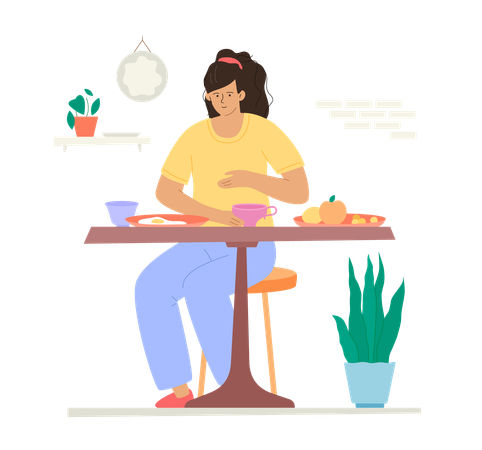 Girl eating scrambled eggs  Illustration