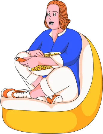 Girl eating snack while watching television  Illustration