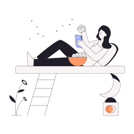 Girl eating snacks during bedtime Illustration