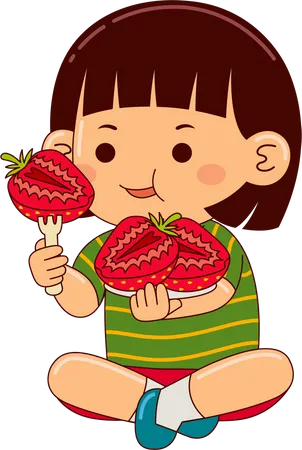 Girl Kids Eating Strawberry Illustration