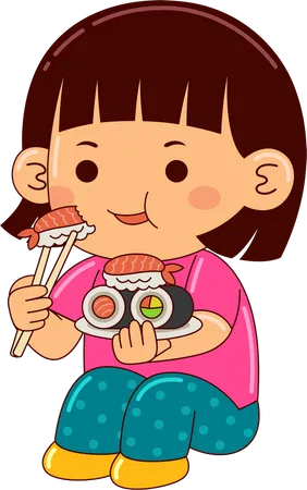 Girl Eating Sushi  Illustration