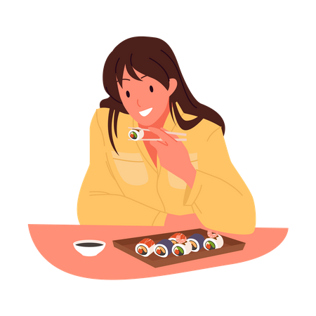 Girl eating sushi  イラスト