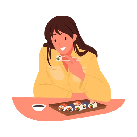 Girl eating sushi  イラスト