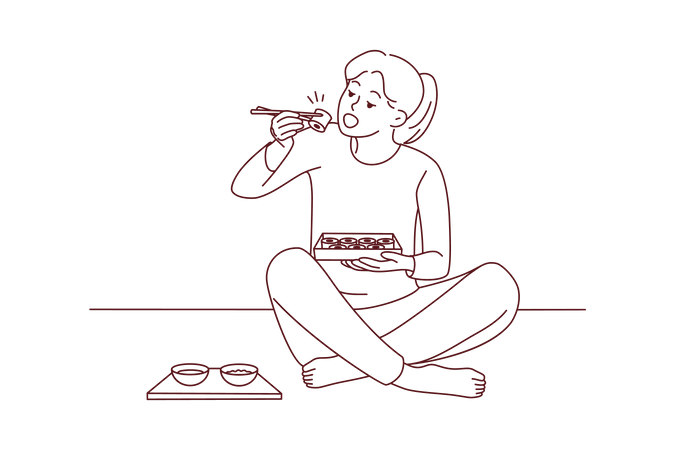 Girl eating sushi from bento box  Illustration