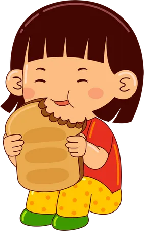 Girl Kids Eating Toast Bread Illustration