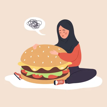 Eating Disorder Sad Arabian Woman Hugging Huge Hamburger And Worries About Being Overweight Overeating Bulimia Anorexia Food Addiction Concept Vector Illustration In Flat Cartoon Style Illustration