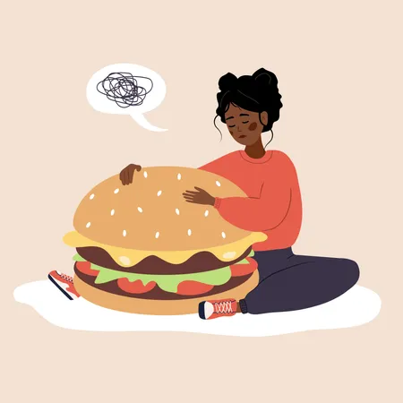 Eating Disorder Sad African Woman Hugging Huge Hamburger And Worries About Being Overweight Overeating Bulimia Anorexia Food Addiction Concept Vector Illustration In Flat Cartoon Style Illustration
