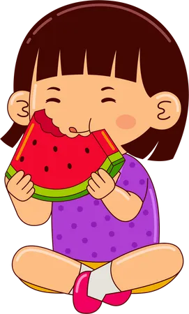 Girl Kids Eating Watermelon Illustration