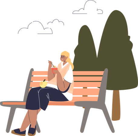 Girl eating yogurt and fruits sitting on bench in park Illustration
