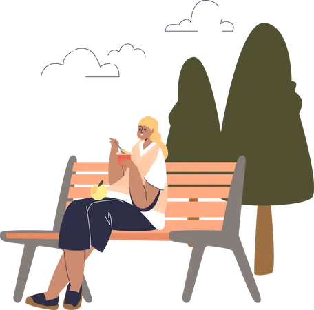 Girl Eating Yogurt And Fruits Sitting On Bench In Park Young Female Enjoy Snack Or Lunch Of Healthy Food Dieting And Nutrition Concept Cartoon Vector Illustration Illustration