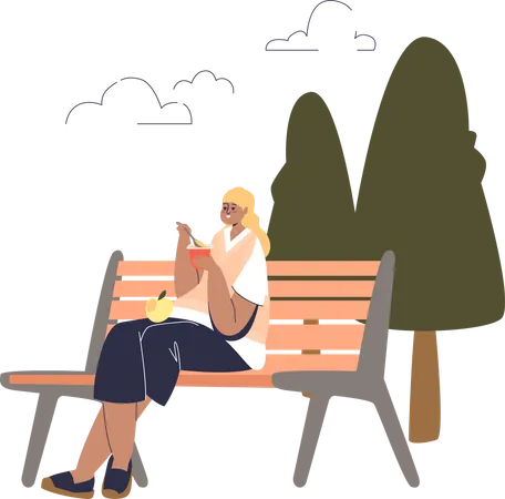 Girl eating yogurt and fruits sitting on bench in park  Illustration