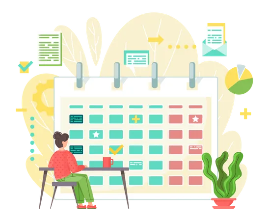 Girl Sitting At Table Effectively Organizing Her Work Planning Date With Calendar Checkmarks Symbols Important Dates Tasks And Meetings Events Planning Concept Of Scheduling Information Illustration