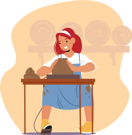 Girl engaged in pottery making  Illustration