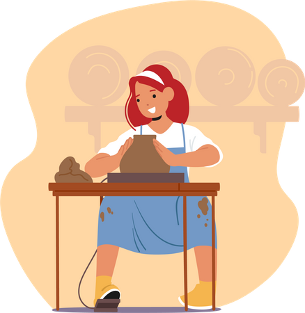 Girl engaged in pottery making  Illustration