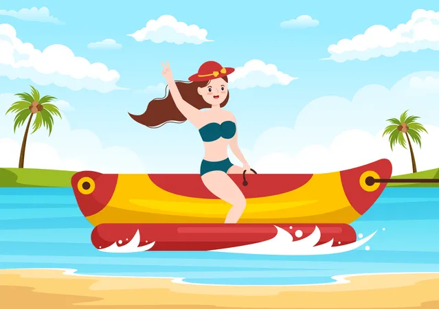 Girl enjoy banana boat jet ski  일러스트레이션