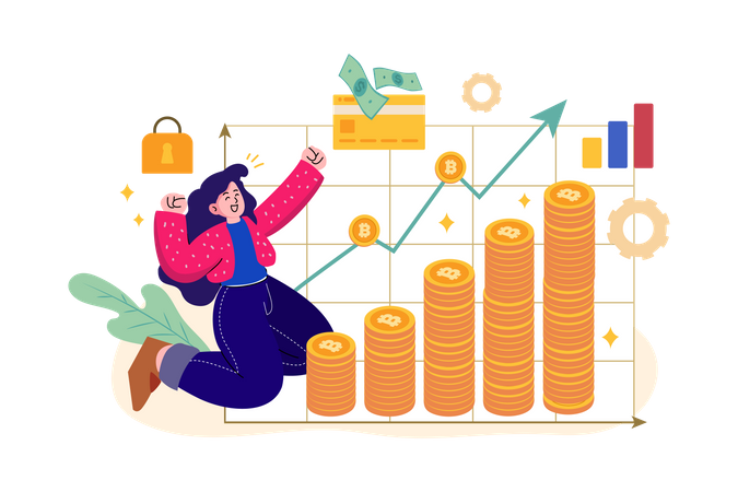 Girl enjoy bitcoin profit  Illustration