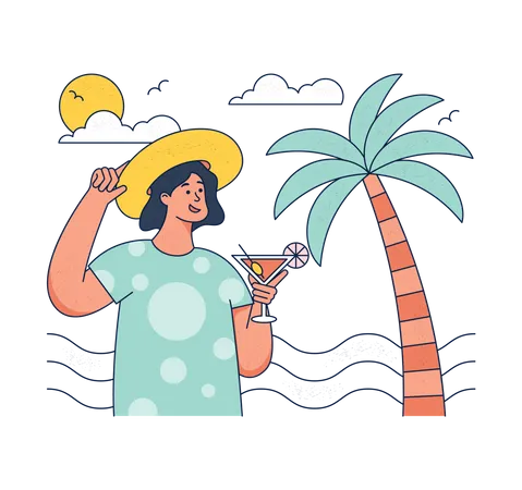 Girl enjoy cocktail at the beach  Illustration