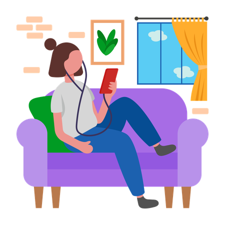 Girl Enjoy Music with Wired Earphones  Illustration