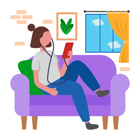 Girl Enjoy Music with Wired Earphones  Illustration