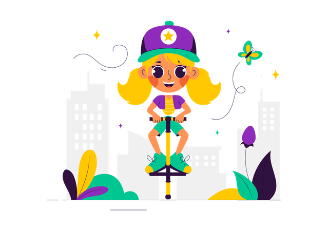 Girl Enjoy Pogo Stick  Illustration