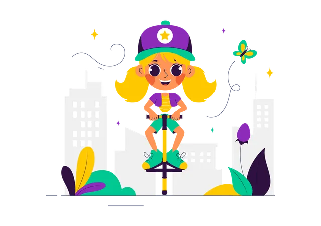 Girl Enjoy Pogo Stick  Illustration